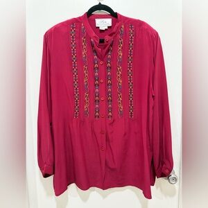 VTG Silk Boutique Women's Elegant Embroidered Red Blouse, Size L 100%Silk